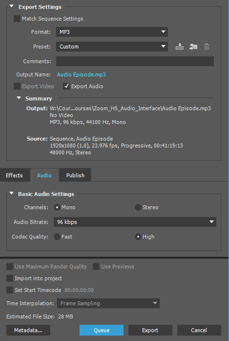 Exporteer uw audio als een mp3-bestand in Adobe Premiere.