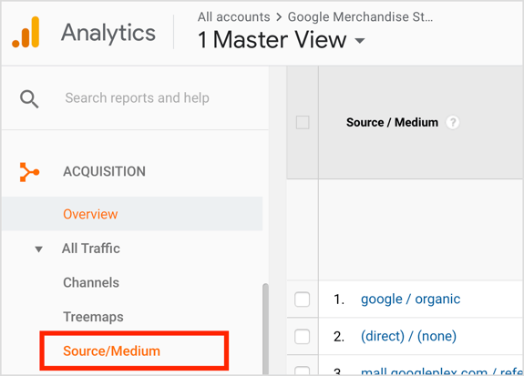 Open Google Analytics en ga naar Acquisitie> Alle verkeer> Bron / medium.