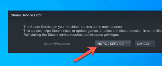 Steam-servicefout service-optie opnieuw installeren