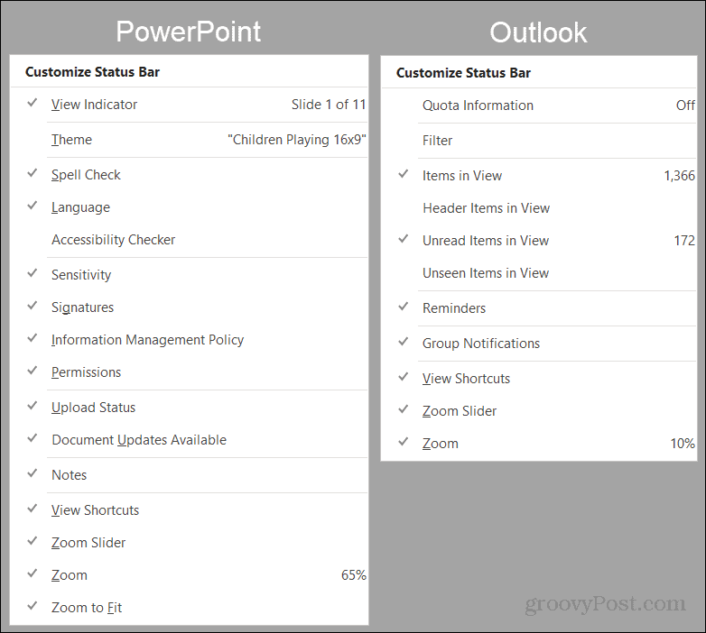 PowerPoint- en Outlook-statusbalkopties