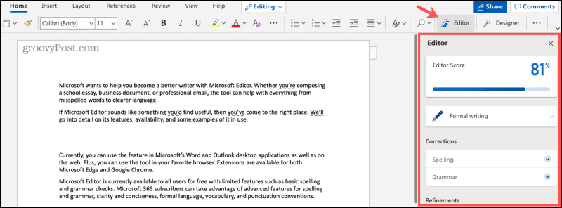Microsoft Editor in Word op het web