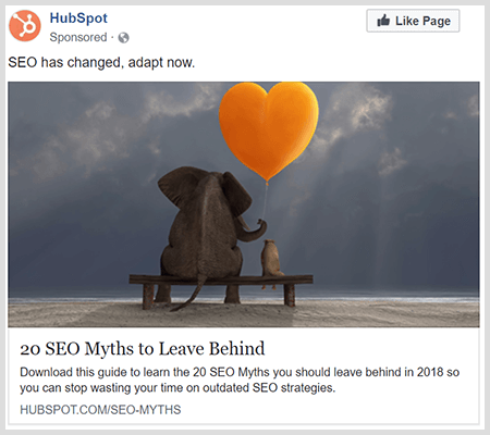 Branding-advertenties delen nuttige inhoud, zoals deze HubSpot-advertentie over 20 SEO-mythen om achter te laten.