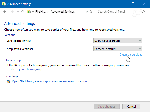 Versies opschonen Windows 10 Bestandsgeschiedenis
