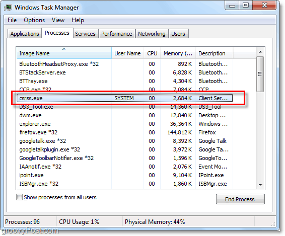 csrss.exe zoals te zien in de Windows 7 Task Manager