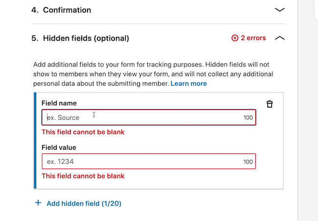 screenshot van Hidden Fields-opties voor LinkedIn-advertentie