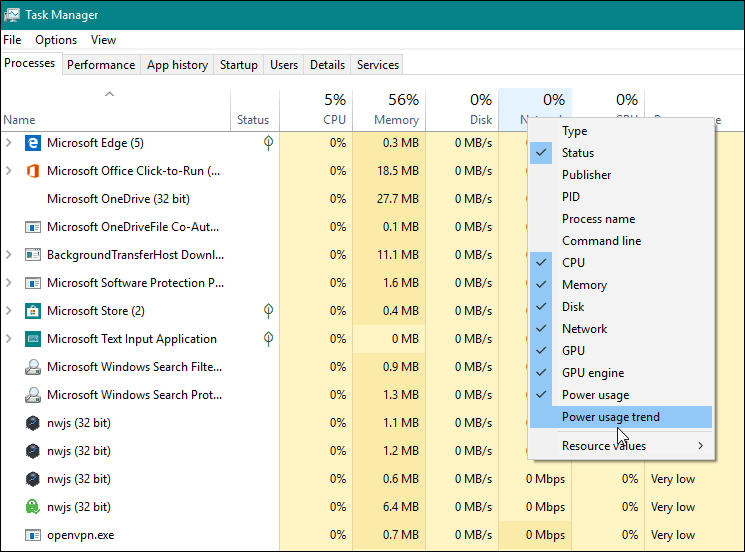 Voeg Power Monitor Column Windows 10 1809 toe