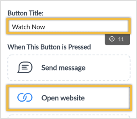 Typ een knoptitel en selecteer de optie Website openen.