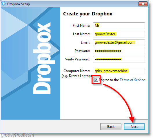 Screenshot van Dropbox - voer uw accountgegevens in