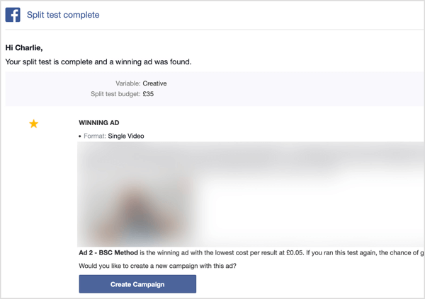 U ontvangt een e-mail nadat uw Facebook-splitstest is voltooid.