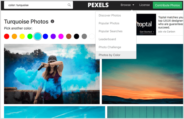 Pexels sorteert foto's op kleur