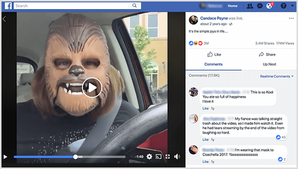 Candace Payne ging live op Facebook in een Chewbacca-masker vanaf de parkeerplaats van Kohl. Op het moment dat deze schermafbeelding werd gemaakt, was haar video 3,4 miljoen keer gedeeld en 174 miljoen keer bekeken.
