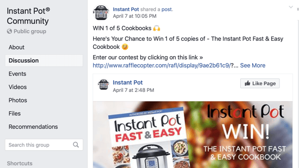 Hoe Facebook Groups-functies te gebruiken, voorbeeld van een paginapost in een groep voor Instant Pot Community