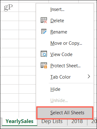 Selecteer alle bladen in Excel