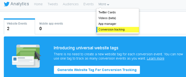 Met Twitter kunt u code aan uw website toevoegen om conversies bij te houden en om een ​​op maat gemaakt publiek te creëren.