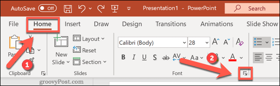 Toegang tot het menu Lettertypen-opties in PowerPoint op Windows