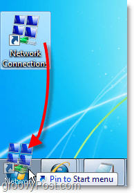 sleep de snelkoppeling van het bureaublad naar het startmenu voor netwerkverbindingen in Windows 7 gemakkelijke toegang