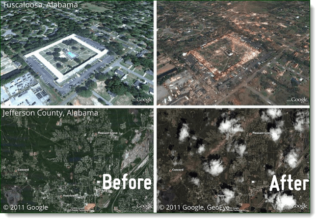 Zie After Affects of the Recent Alabama Tornadoes via Google Earth's Picasa