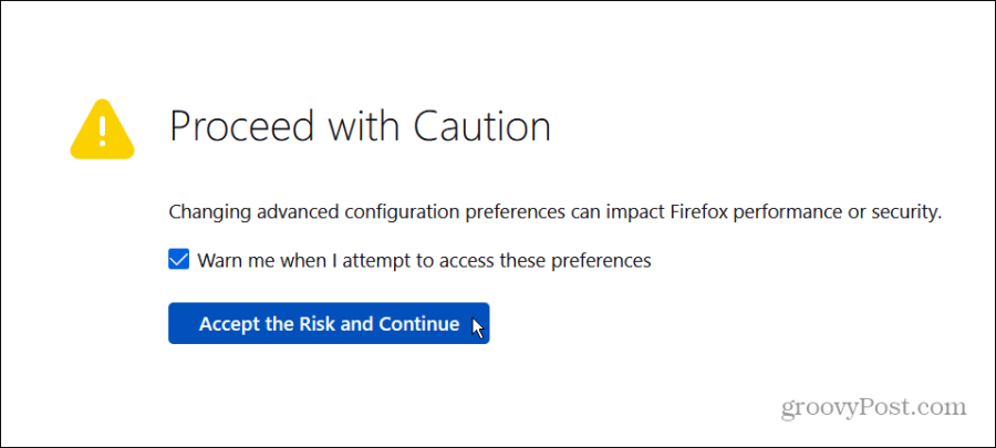 accepteer het configuratierisico van Firefox