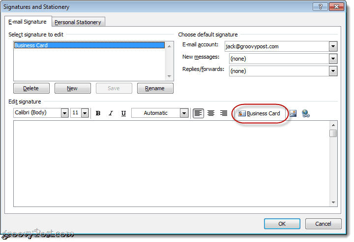 Visitekaartje bijvoegen in e-mailhandtekening van Outlook 2010