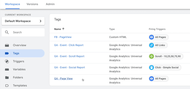 voorbeeld google tag manager dashboard-werkruimte met geselecteerde tags en verschillende voorbeeldtags weergegeven met type en activeringstrigger vermeld voor elk