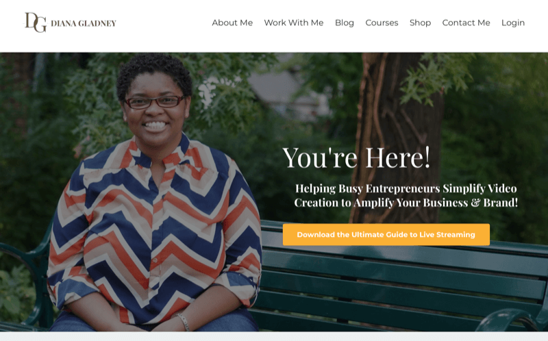 screenshot van de website van Diana Gladney, waarin ze haar wens onderstreept om drukke ondernemers te helpen bij het maken van video's