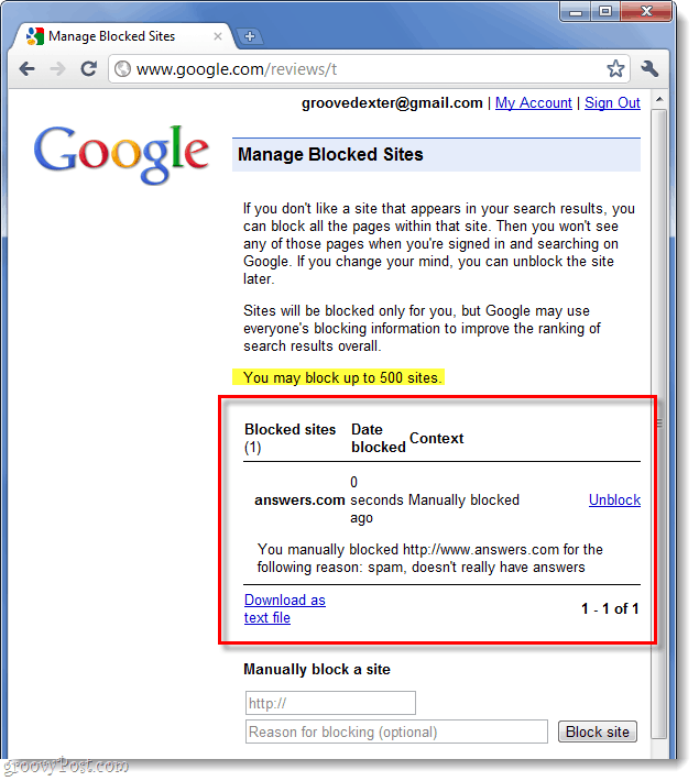 lijst van uw door Google geblokkeerde websites