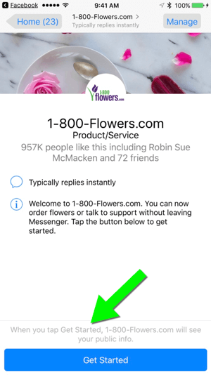 Door een bericht te sturen naar 1-800-Flowers.com via hun Facebook-pagina, wordt het gemakkelijk voor gebruikers om klant te worden.