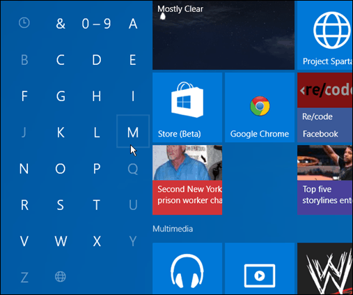 Zoek apps eerste letter Windows 10