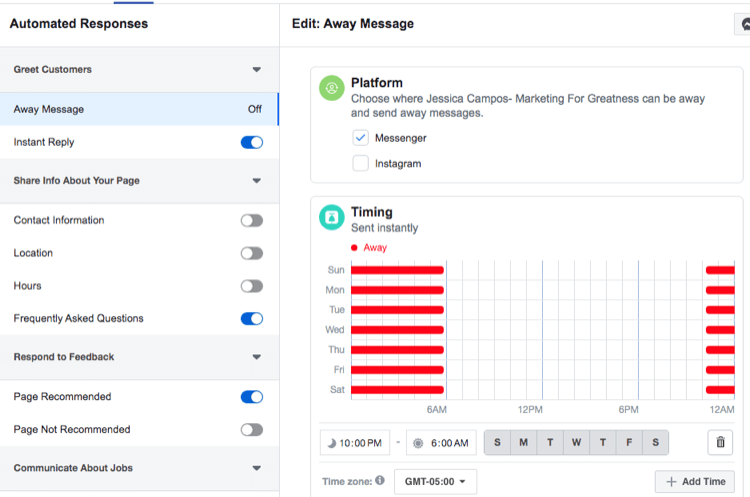 screenshot van timing-instellingen voor automatische reactie van Facebook Messenger Away-bericht