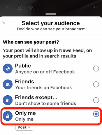 kies de optie Alleen ik om de Facebook Live-uitzendtest uit te voeren