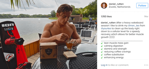 Atleet Daniel Rutten poseert met Man Tea en benadrukt de voordelen voor zijn Instagram-volgers.