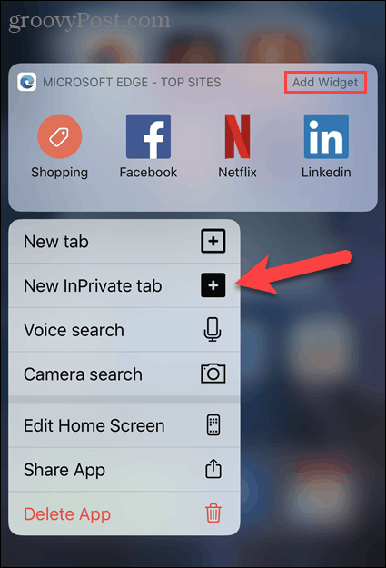 Selecteer Nieuw InPrivate-tabblad van Edge-pictogram in iOS