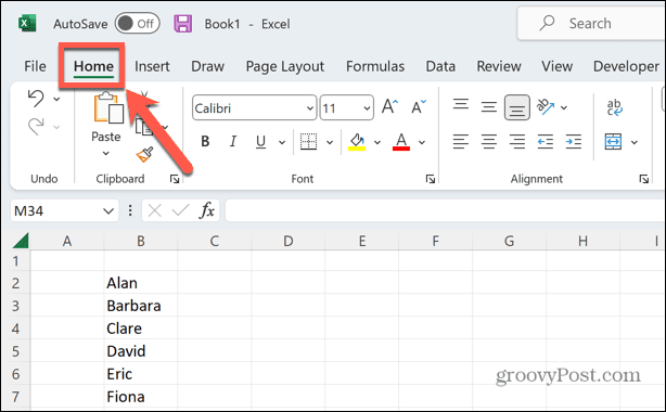 Excel starttabblad