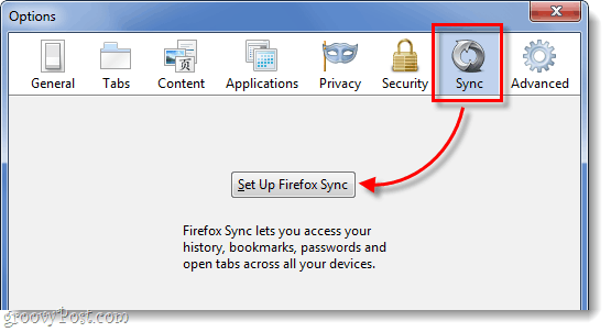 Tabblad Sync op Firefox 4 voor het instellen van synchronisatie