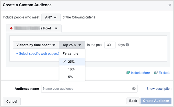 Het dialoogvenster Facebook Create a Custom Audience bevat opties om advertenties te richten op de klanten die de meeste tijd op uw website hebben doorgebracht.