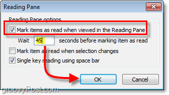 in het Office Outlook 2010 leesvenster opties klik op items markeren als gelezen in het leesvenster en voer vervolgens in de hoeveelheid tijd die u wilt wachten voordat u items markeert als gelezen, dit is hoe lang het duurt om een ​​te lezen e-mail