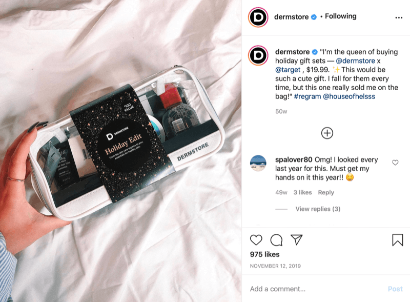 voorbeeld van een seizoensgeschenk @dermstore gevonden en gedeeld via Instagram-bericht met vermelding van verkoopprijs en tagging @target waar de verkoop plaatsvindt