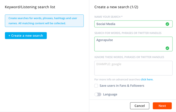 Hoe Agorapulse te gebruiken om naar sociale media te luisteren, zoekdetails in stap 3.