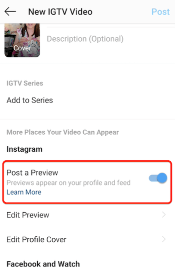 instagram igtv nieuwe videomenu-opties met de optie voor het plaatsen van een voorbeeld geactiveerd