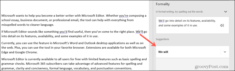 Suggestie van Microsoft Editor