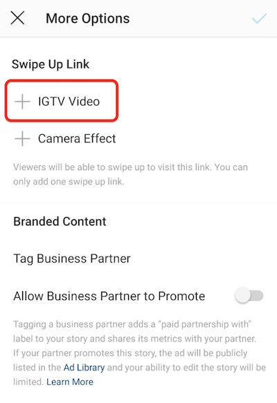 instagram-menuopties om een ​​veegkoppeling toe te voegen met de IGTV-video-optie gemarkeerd