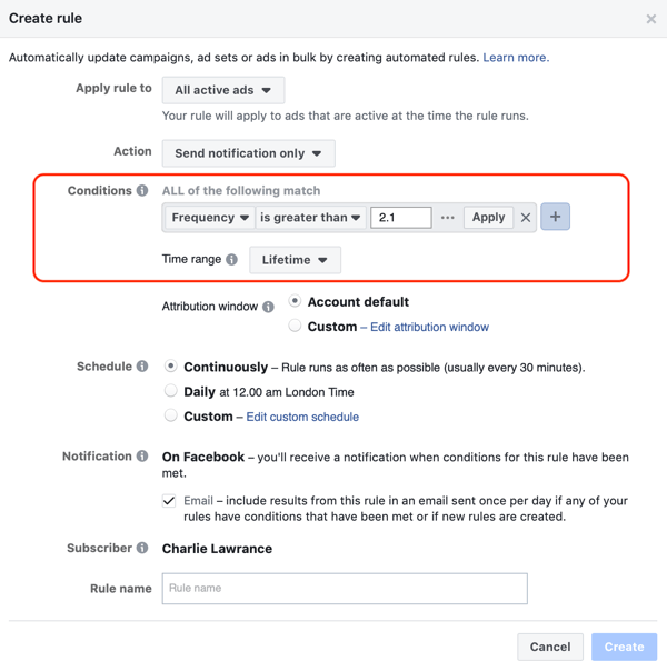 Gebruik geautomatiseerde regels van Facebook, melding bij advertentiefrequentie boven 2.1, stap 2, voorwaardeninstellingen