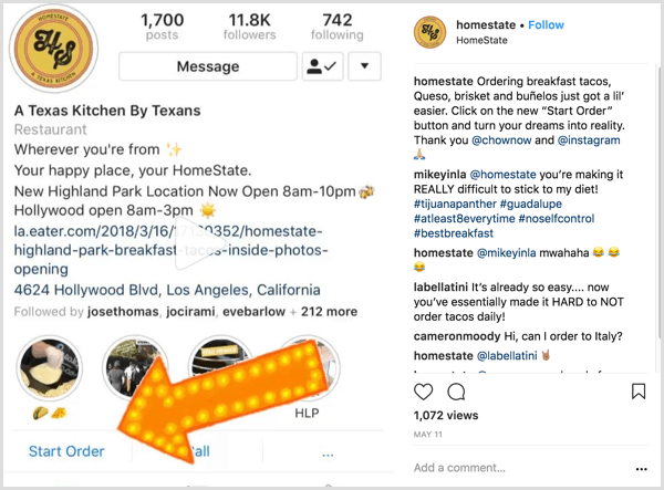 voorbeeld van een Instagram-zakelijk bericht dat gebruikers laat zien hoe ze de actieknop Start Bestelling kunnen gebruiken