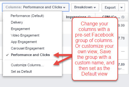 Facebook Ads Manager aangepaste kolommen
