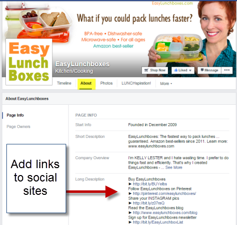sociale links in ongeveer sectie van gemakkelijke lunchboxen facebookpagina