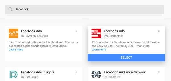 Gebruik Google Data Studio om uw Facebook-advertenties te analyseren, stap 4, optie om Facebook Ads-connector van Supermetrics als uw gegevensbron te gebruiken