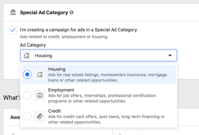Speciale Facebook-advertentiecategorie-opties in het vervolgkeuzemenu Advertentiecategorie