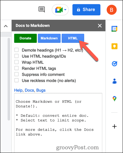 Converteer naar HTML met behulp van Docs naar Markdown in Google Docs