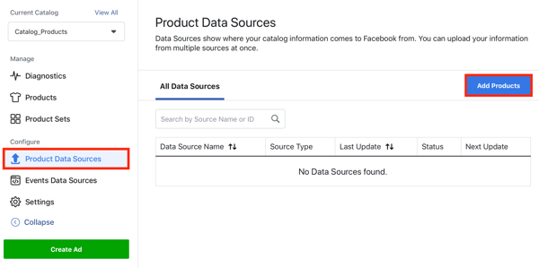 Gebruik de menuoptie Facebook Event Setup Tool, stap 22, om producten toe te voegen via het tabblad Productgegevensbronnen in Facebook