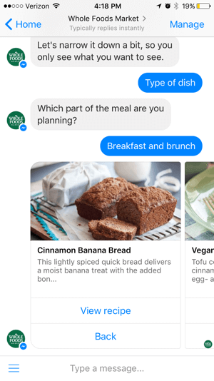 De Whole Foods-chatbot biedt waarde via inhoud in plaats van rechtstreeks aan gebruikers te verkopen.